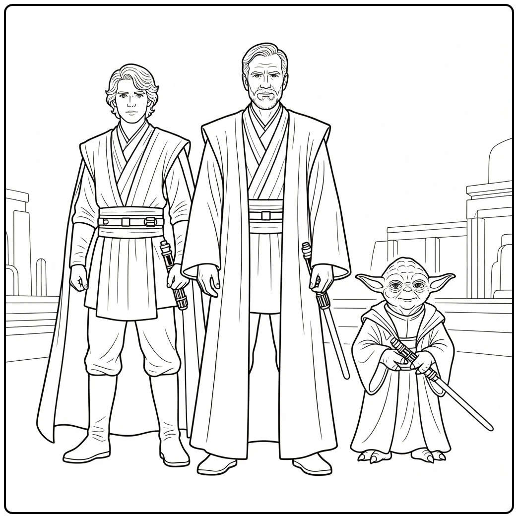 Easy Star Wars Obi Wan with Anakin and Yoda coloring page
