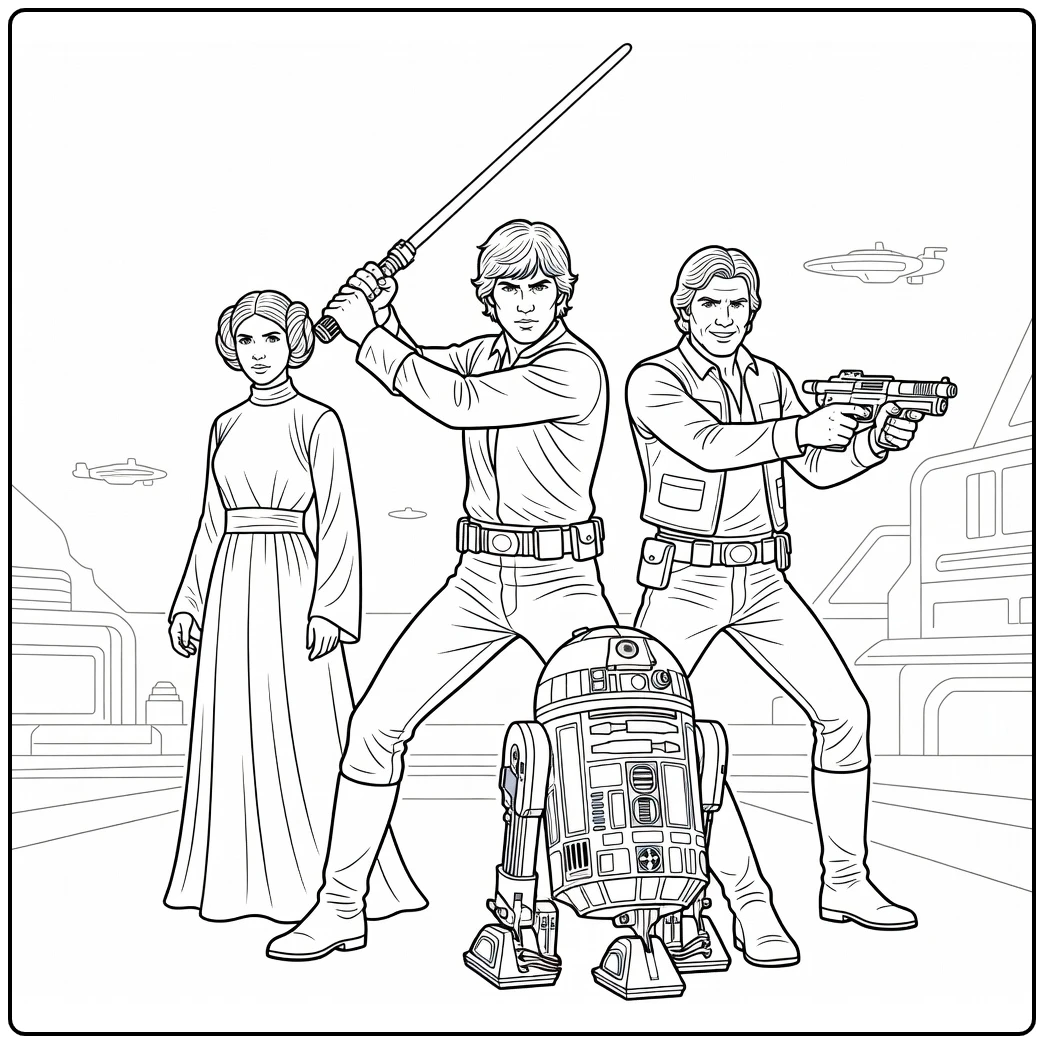 Star Wars coloring page with Luke Skywalker, Leia, Han Solo, and R2-D2