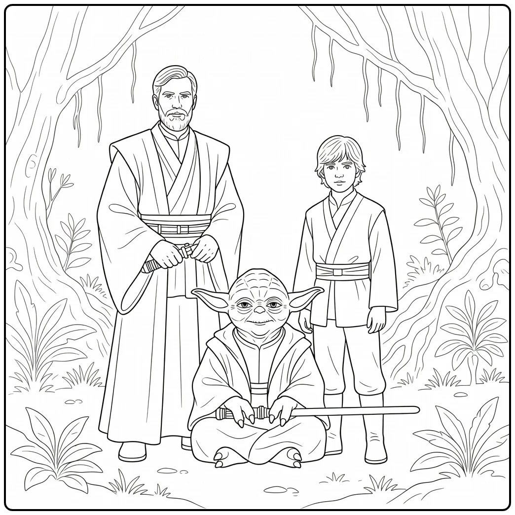 Star Wars Yoda Obi Wan and Luke in Swamp coloring page