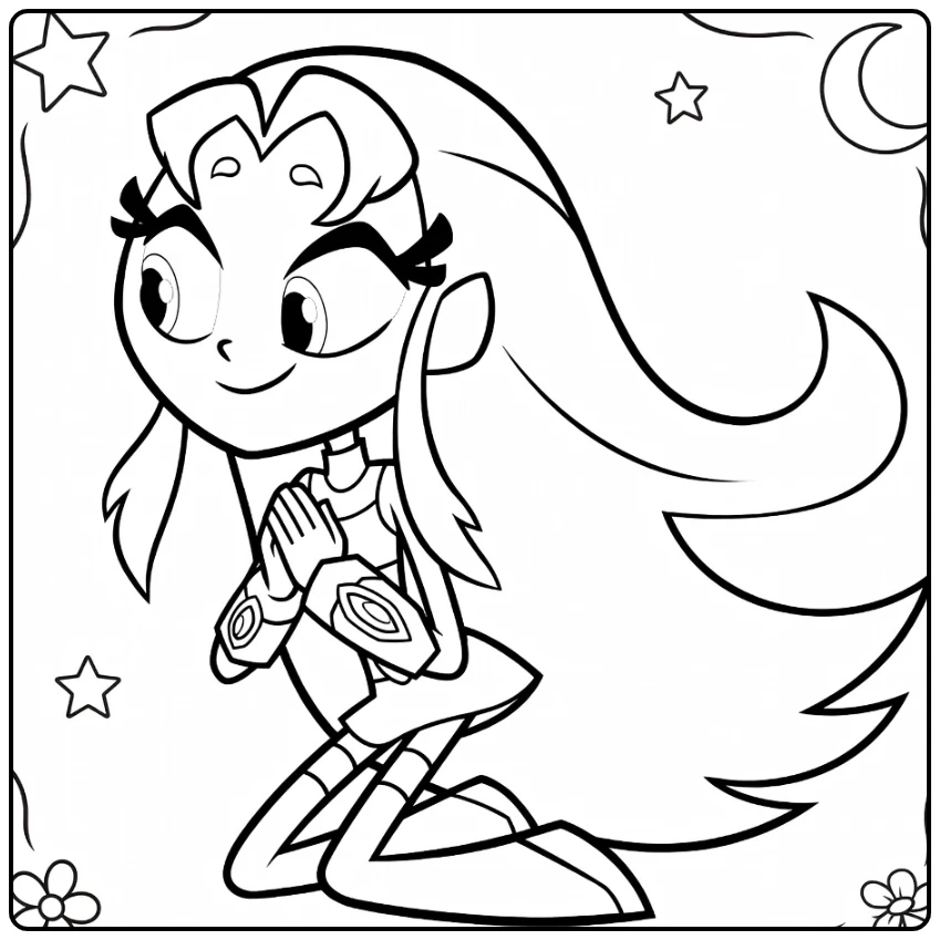 Starfire in Prayer with Moon and Flowers coloring page