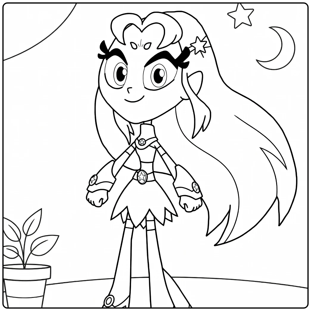 Starfire in Cosmic Pose with Plant coloring page