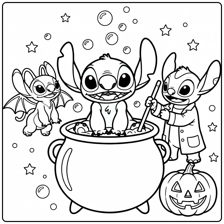 Stitch Halloween with Jumba Stirring and Angel Floating coloring page