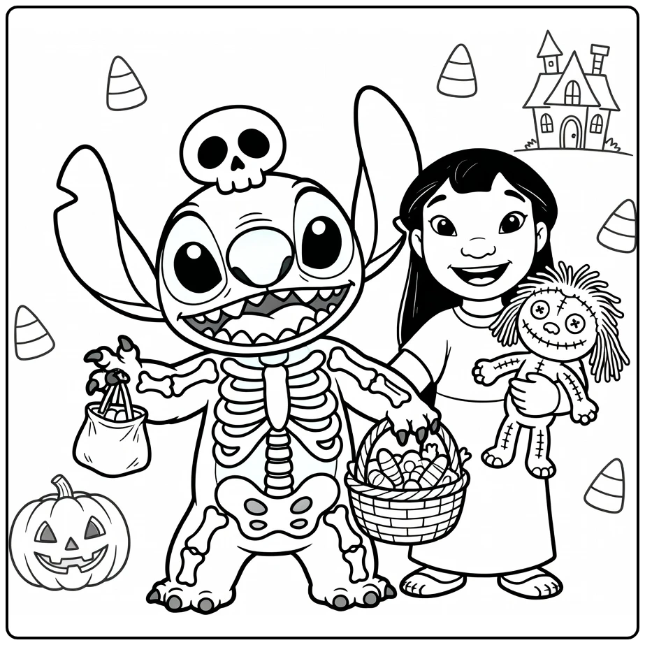 Halloween Happy Stitch as Skeleton and Lilo coloring page
