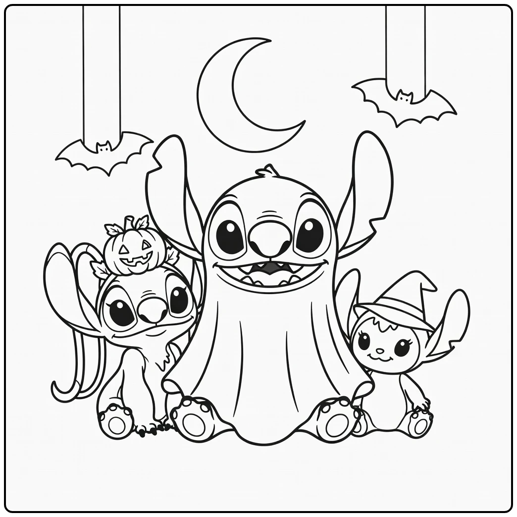 Stitch Halloween coloring page with ghost Stitch, Angel, and Scrump