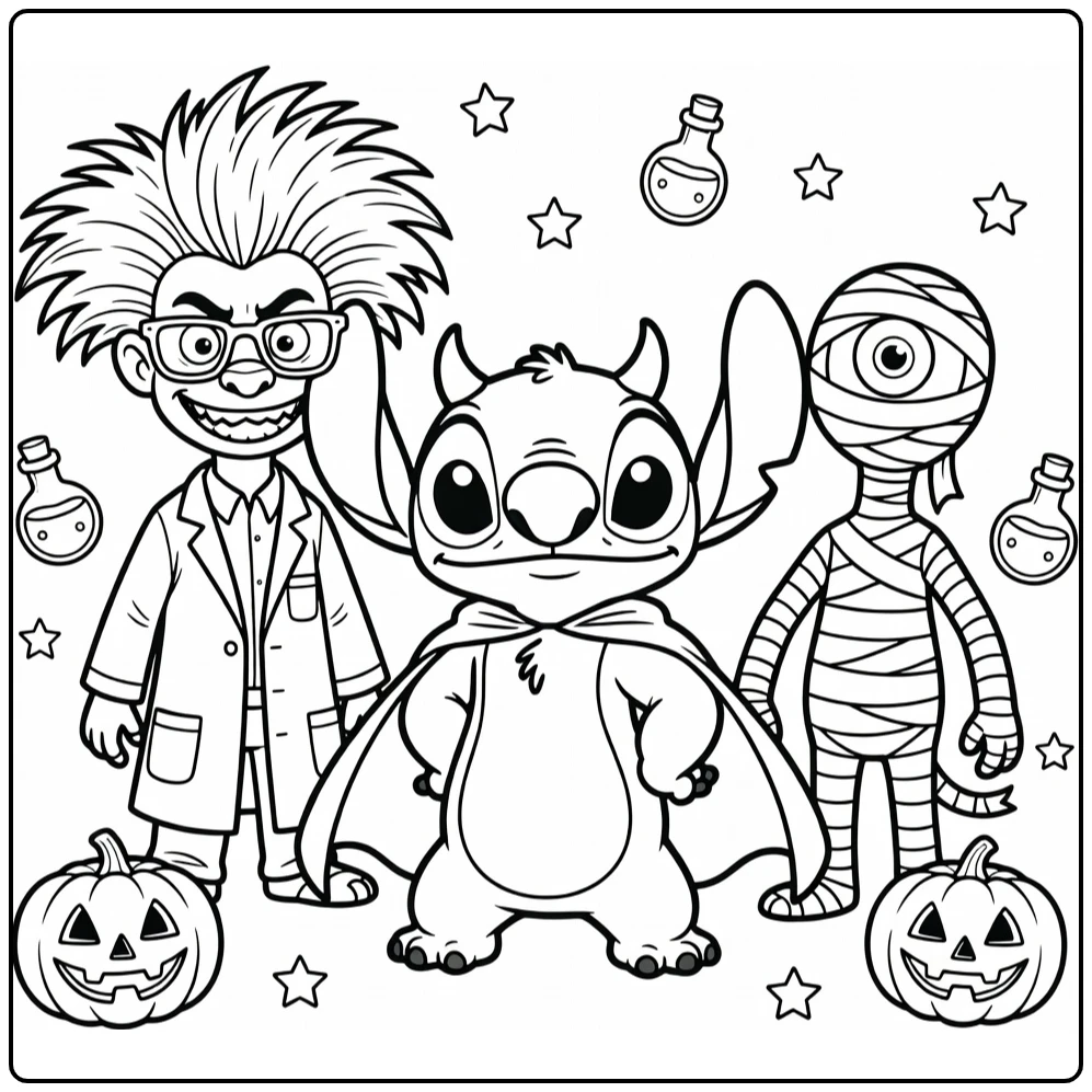 Stitch Halloween Jumba Scientist and Mummy coloring page