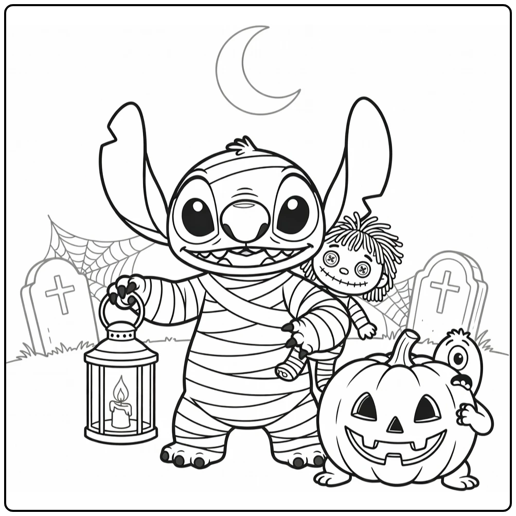 Stitch Halloween Pleakley Behind Pumpkin coloring page