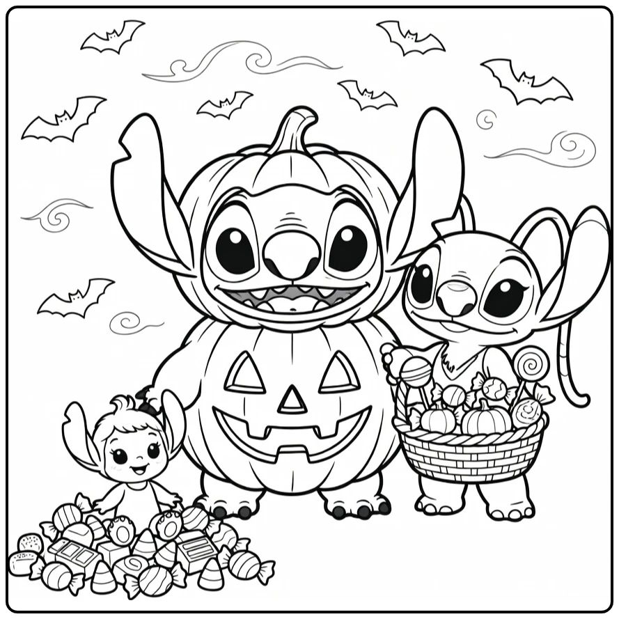 Stitch in a Pumpkin Costume with Angel coloring page