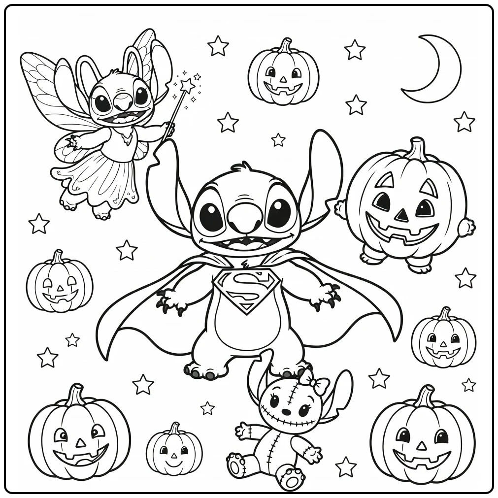 Stitch Superhero and Halloween Friends coloring page