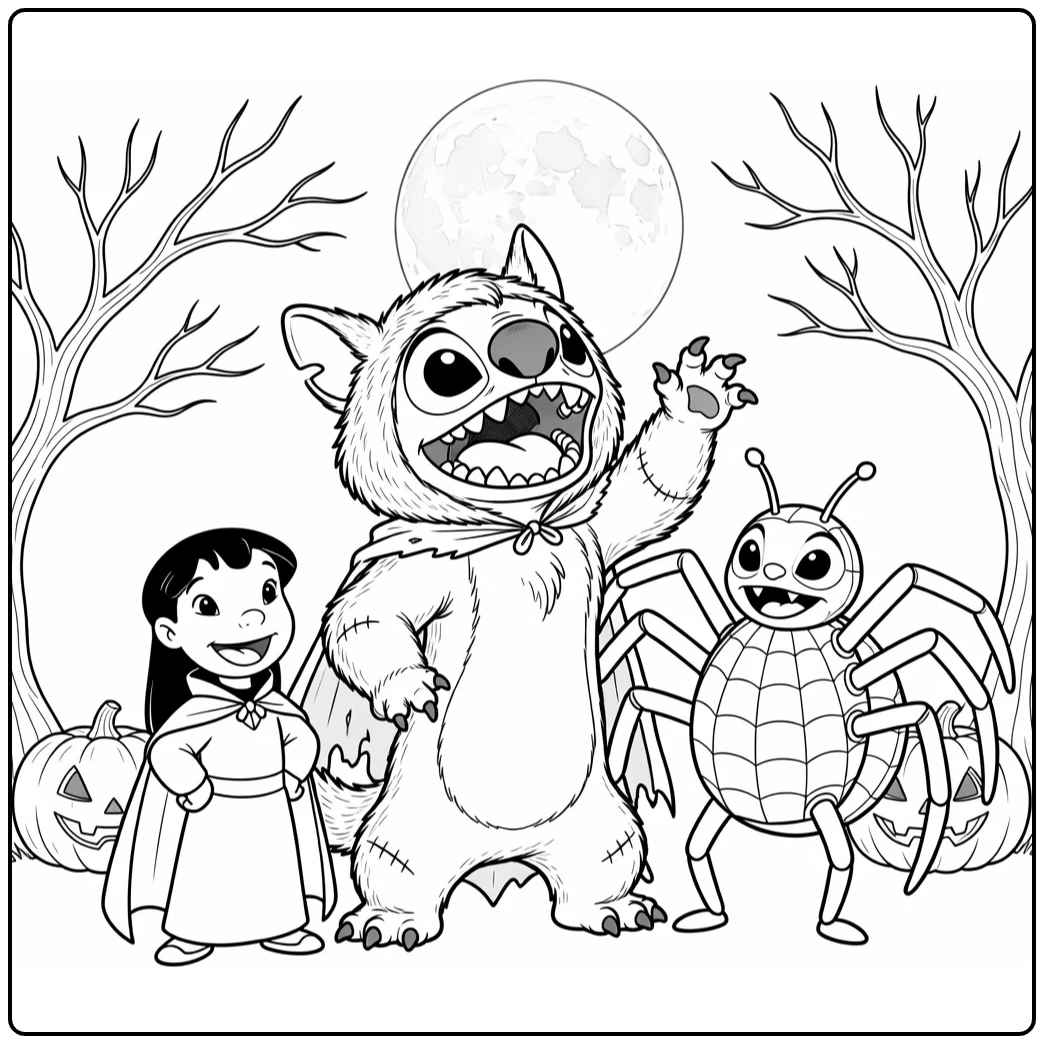 Werewolf Stitch with Vampire Lilo and Spider Pleakley coloring page