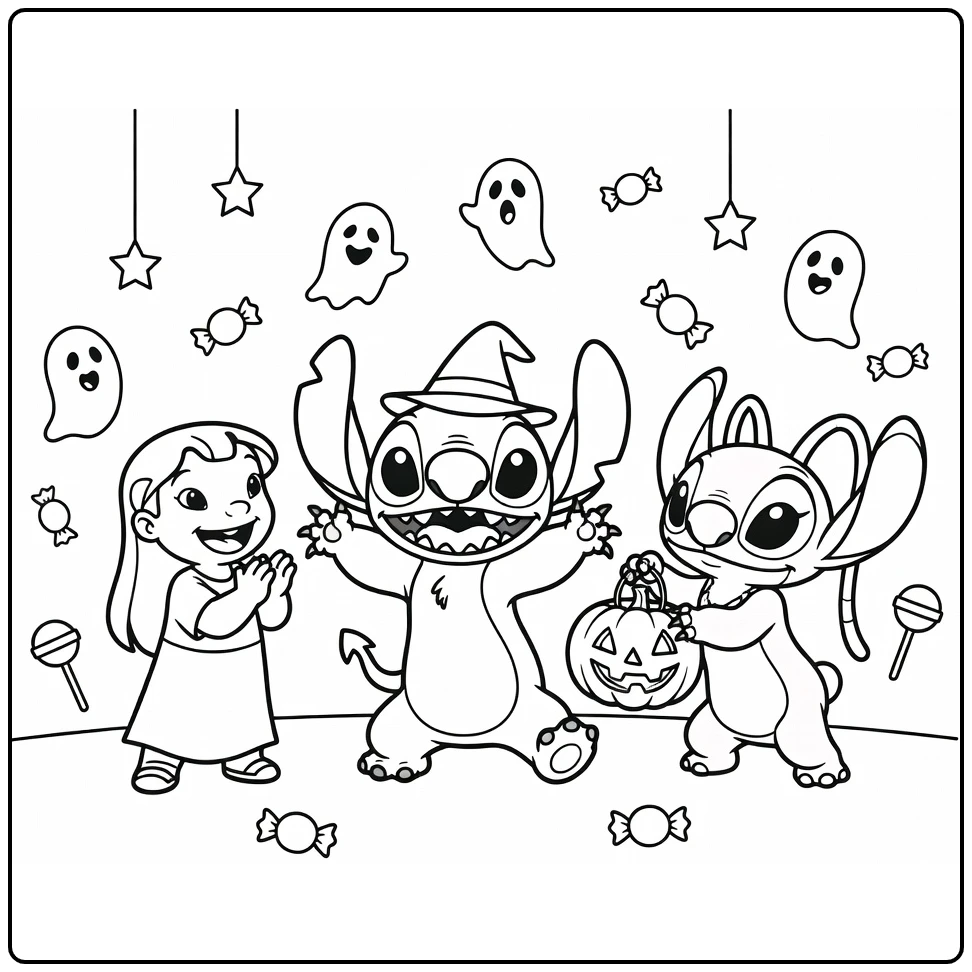 Cheerful Stitch Halloween Party with Lilo and Angel coloring page