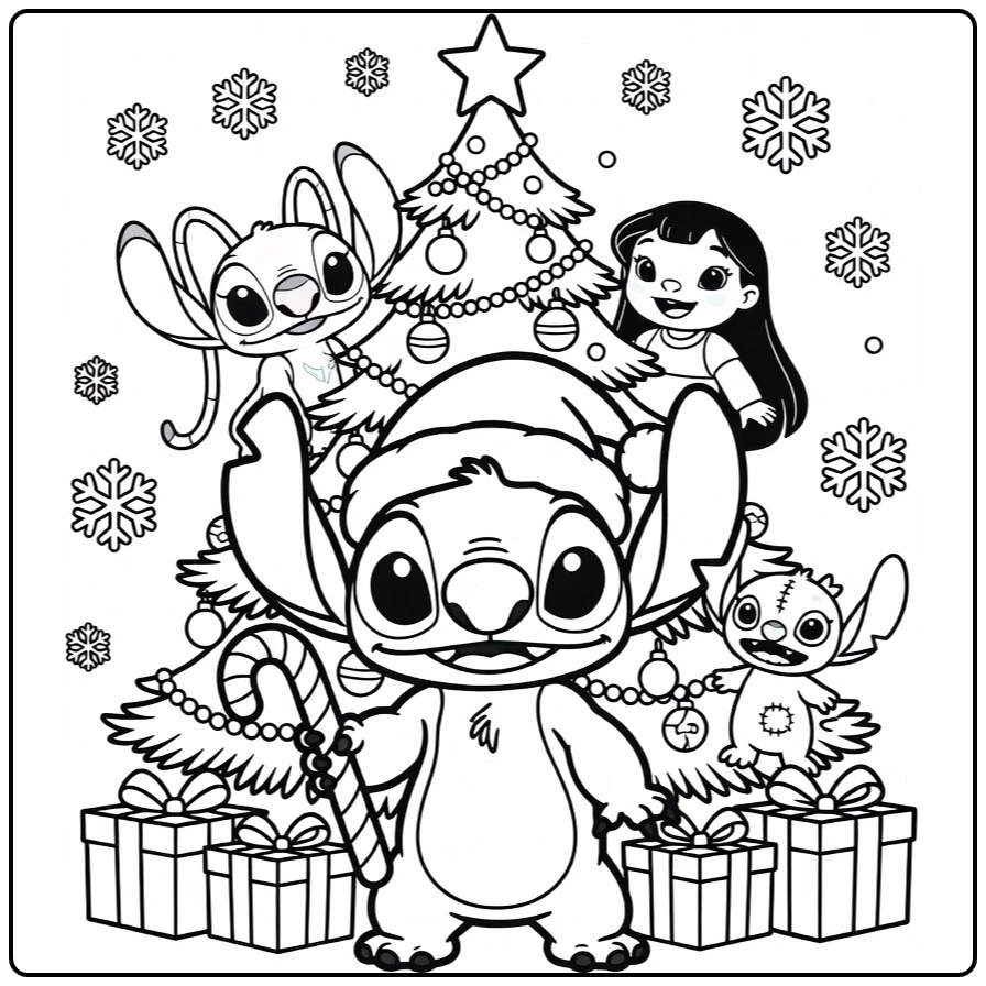 Stitch, Angel, and Lilo with a Christmas Tree coloring page