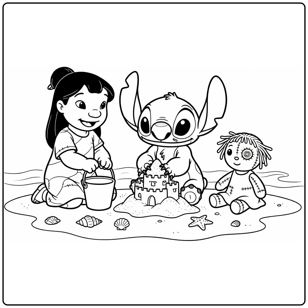 Easy Stitch and Lilo with Sand Castle coloring page
