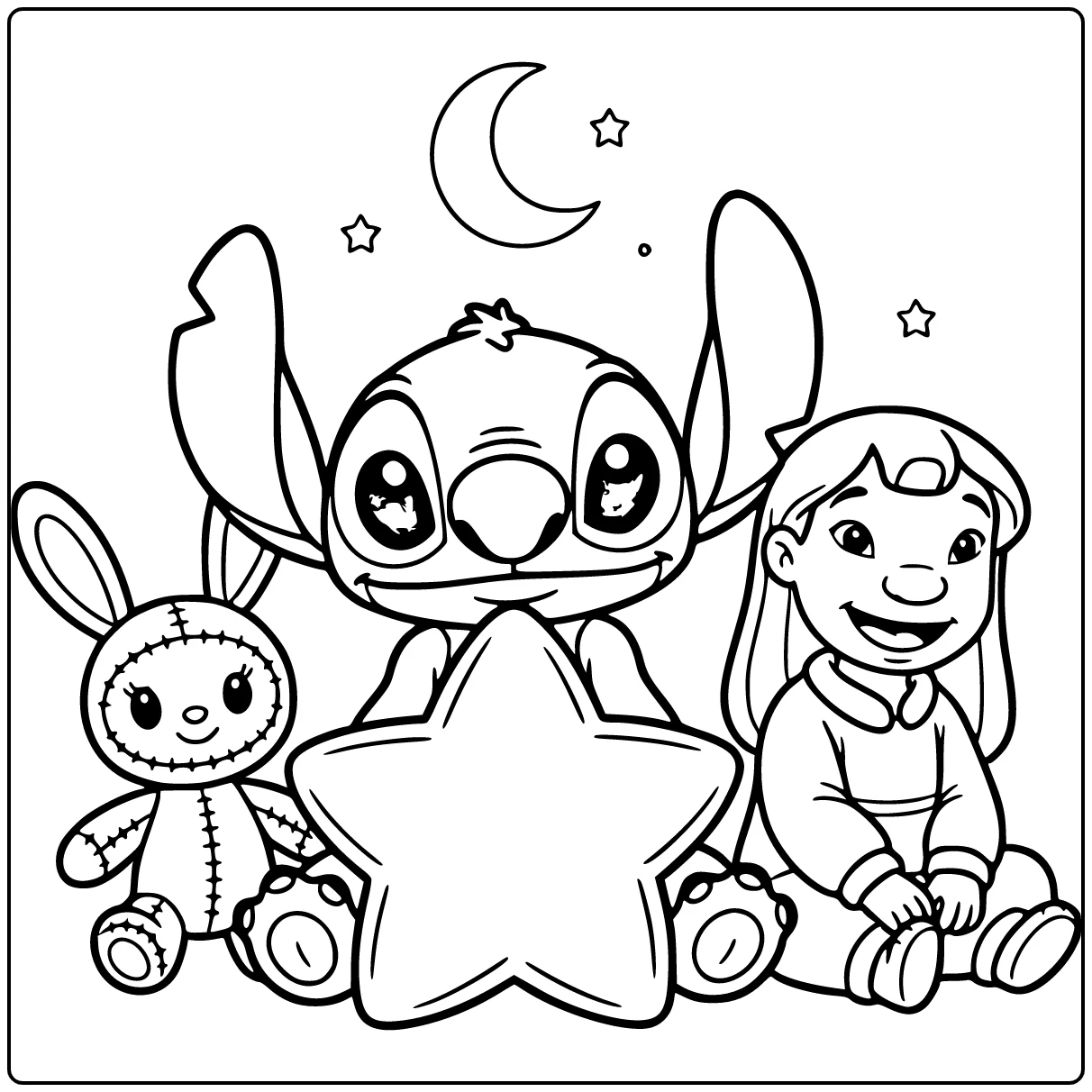 easy Stitch coloring page holding a large star pillow
