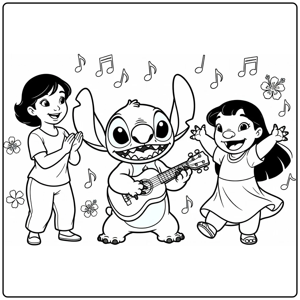 Easy Stitch Playing Ukulele While Lilo Dances coloring page