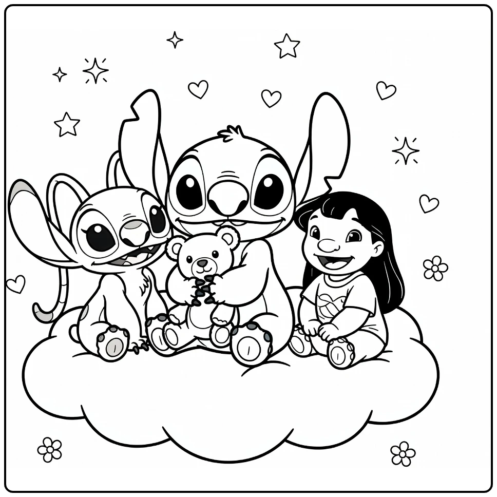 Cute Stitch, Angel, and Lilo Together coloring page