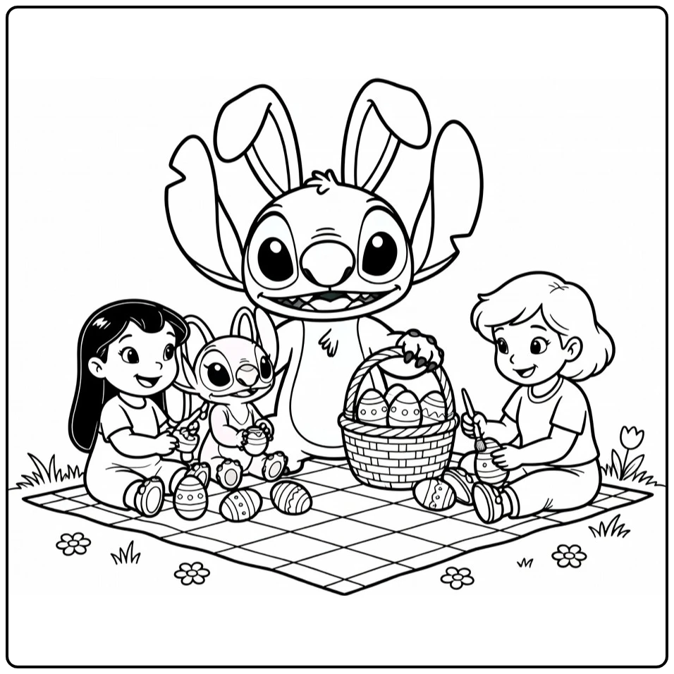 Stitch with Bunny Ears and an Easter Egg coloring page