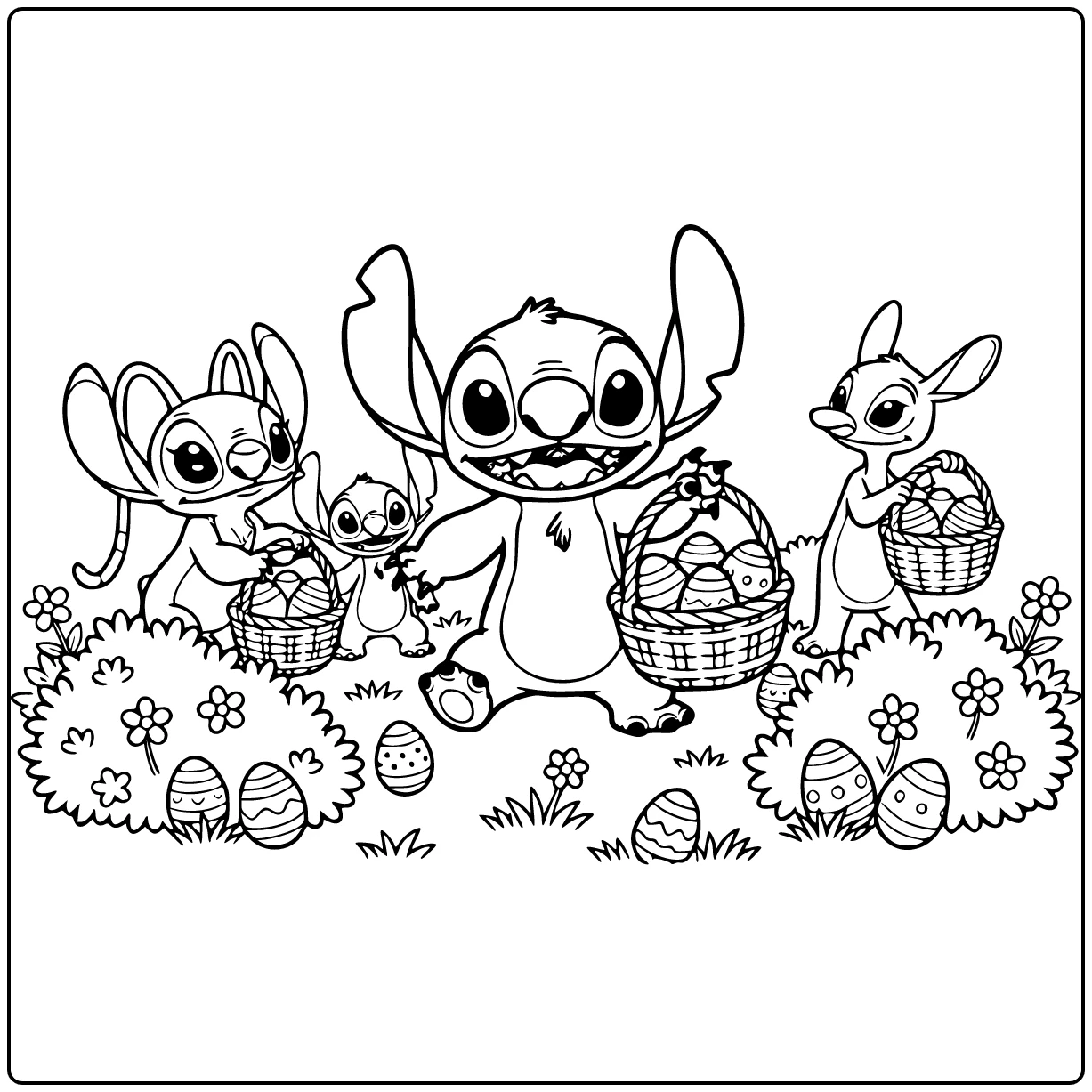 Stitch Leading an Easter Egg Hunt with Angel and Scrump coloring page