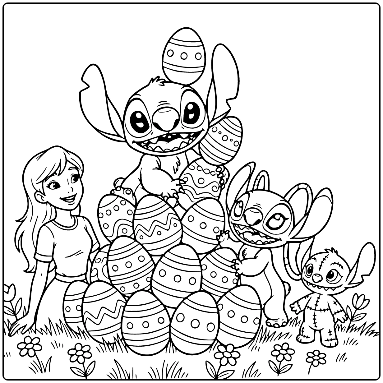 Stitch Behind Tall Easter Eggs coloring page
