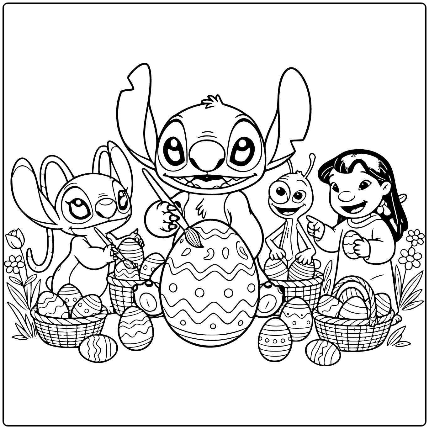 Stitch Easter coloring page painting a giant Easter egg