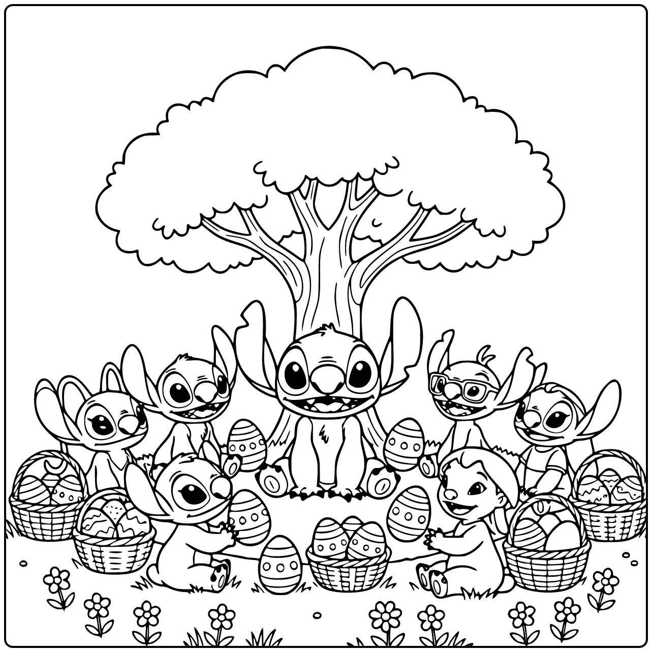 Stitch Under an Easter Tree coloring page