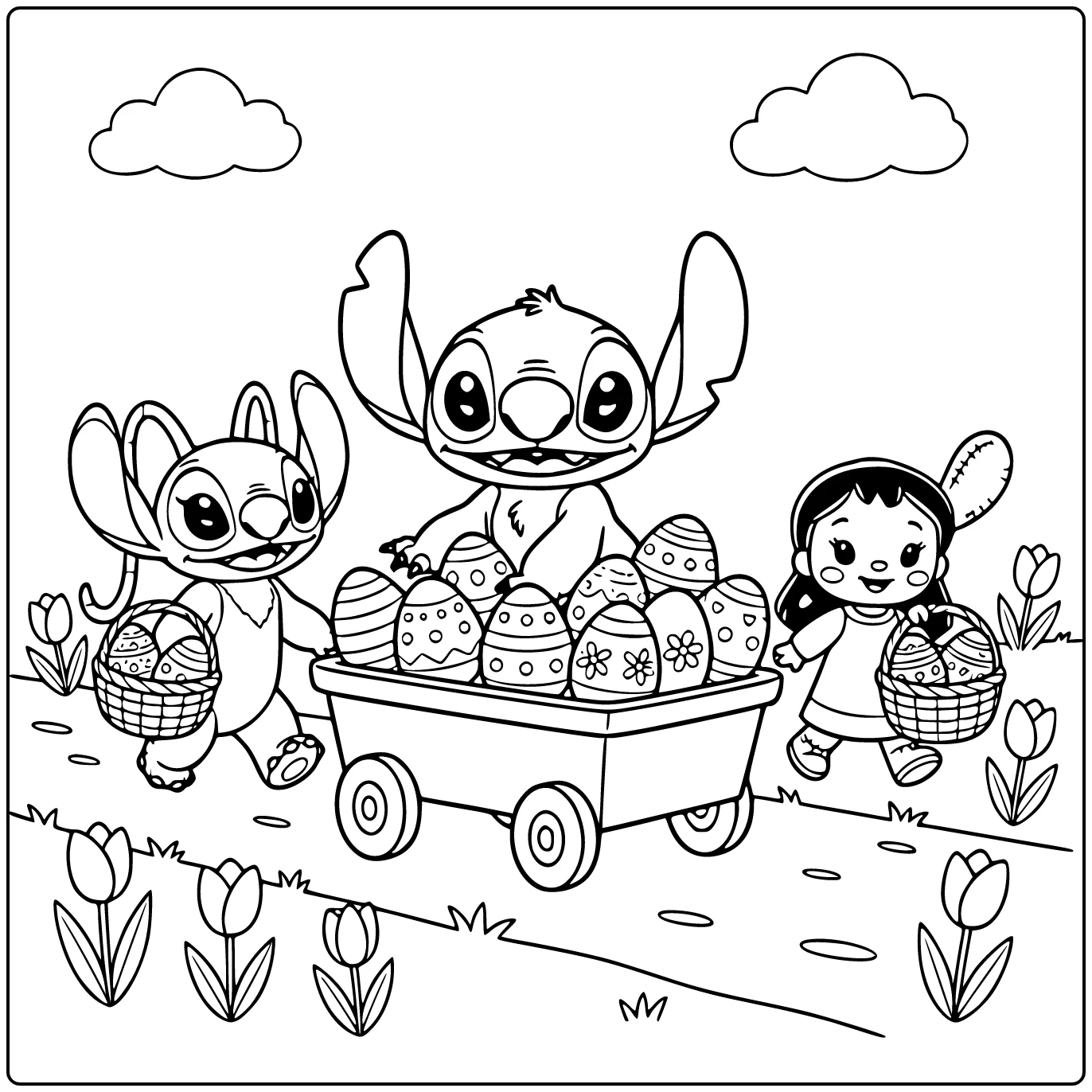Stitch Riding in a Festive Easter Cart coloring page