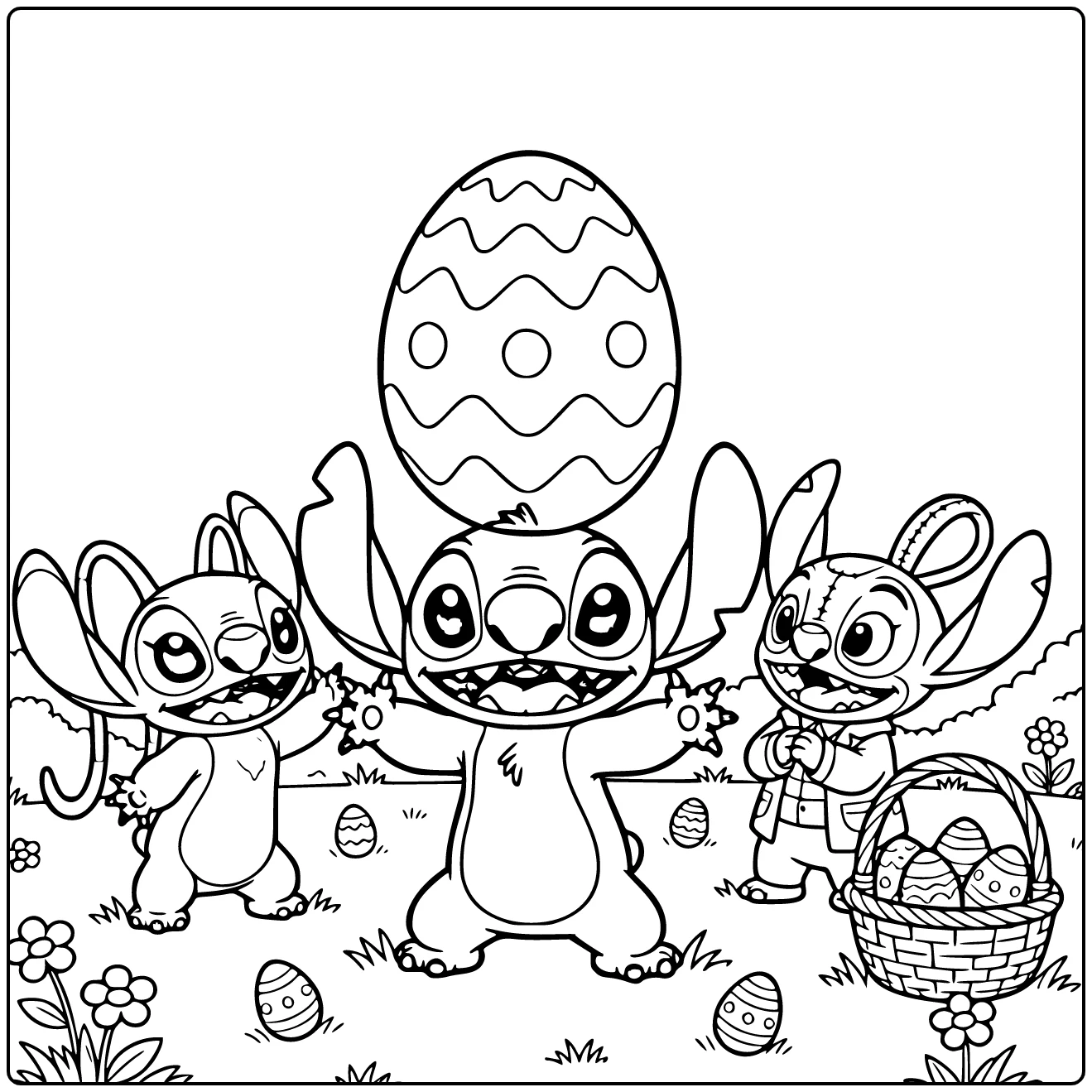 Stitch with an Easter Egg on His Head coloring page