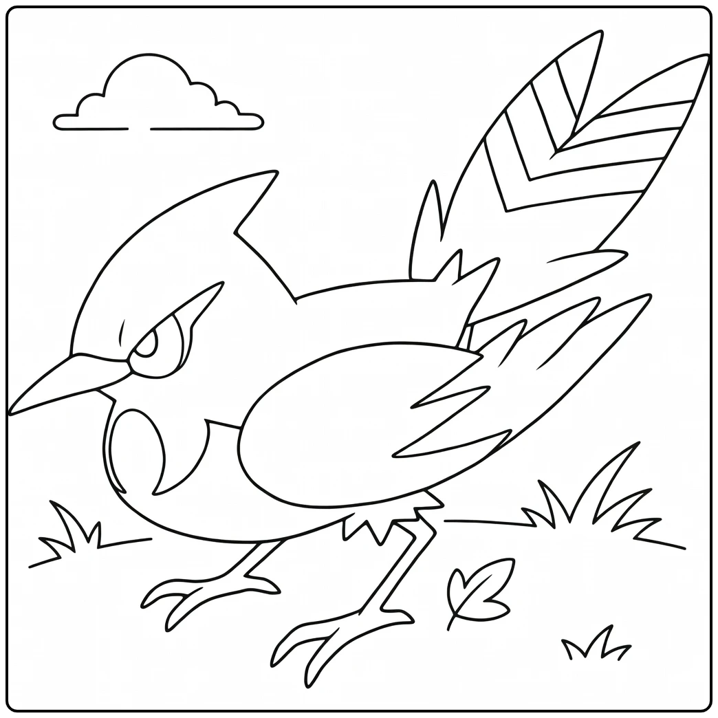 Tough Pokemon Fletchinder on Grass with Clouds coloring page