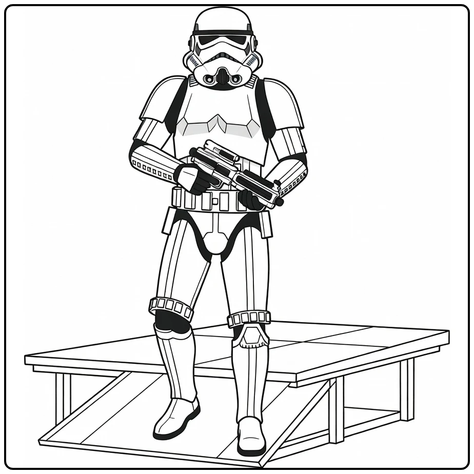 Stormtrooper Stepping Down from a Platform with Blaster coloring page