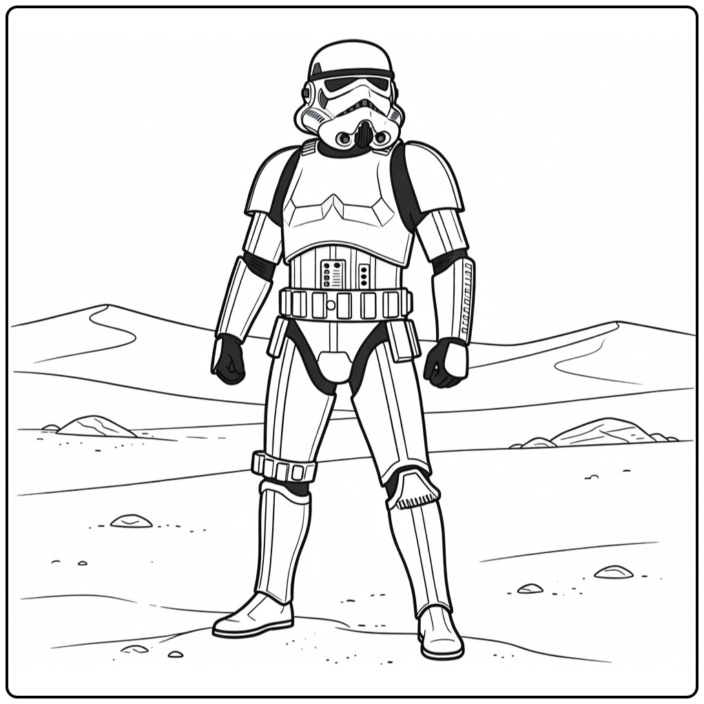 Stormtrooper Cinematic Pose on Desert Planet coloring page