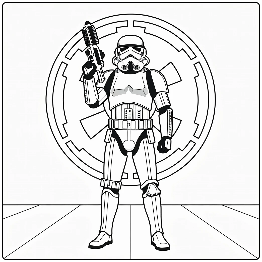 Stormtrooper in Cinematic Pose with Emblem coloring page
