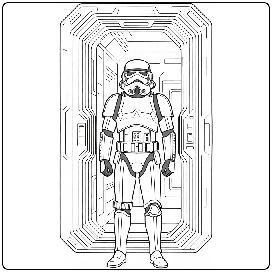 Stormtrooper in Guard Pose with Tall Gate coloring page