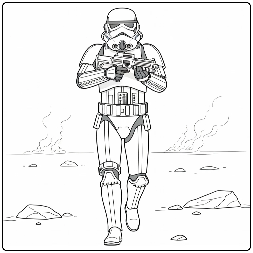 Stormtrooper Marching with Blaster on Battlefield coloring page