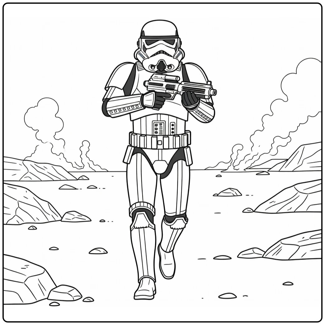 Stormtrooper on Battlefield with Smoke and Rocks coloring page