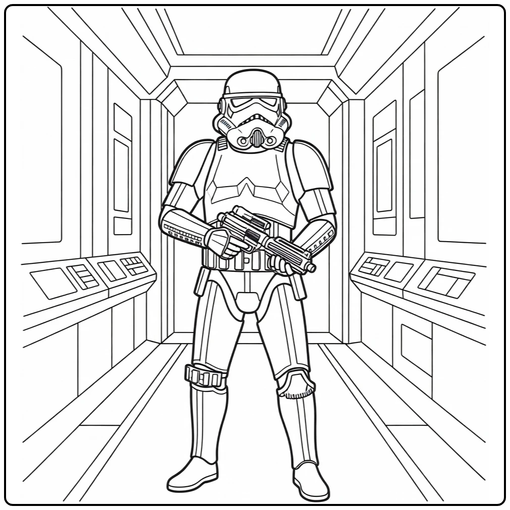 Stormtrooper Patrol in Narrow Imperial Corridor coloring page
