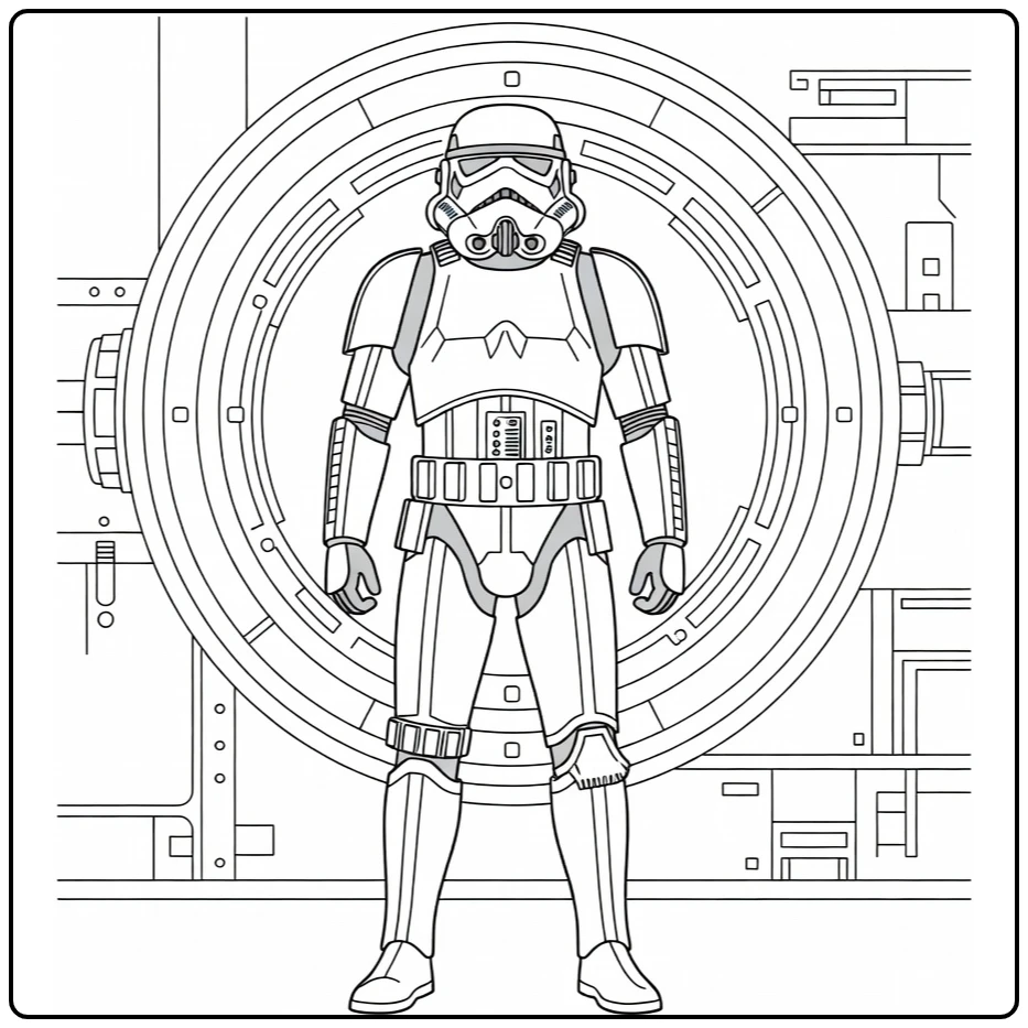 Stormtrooper at a Spaceship Hatch with Detail coloring page