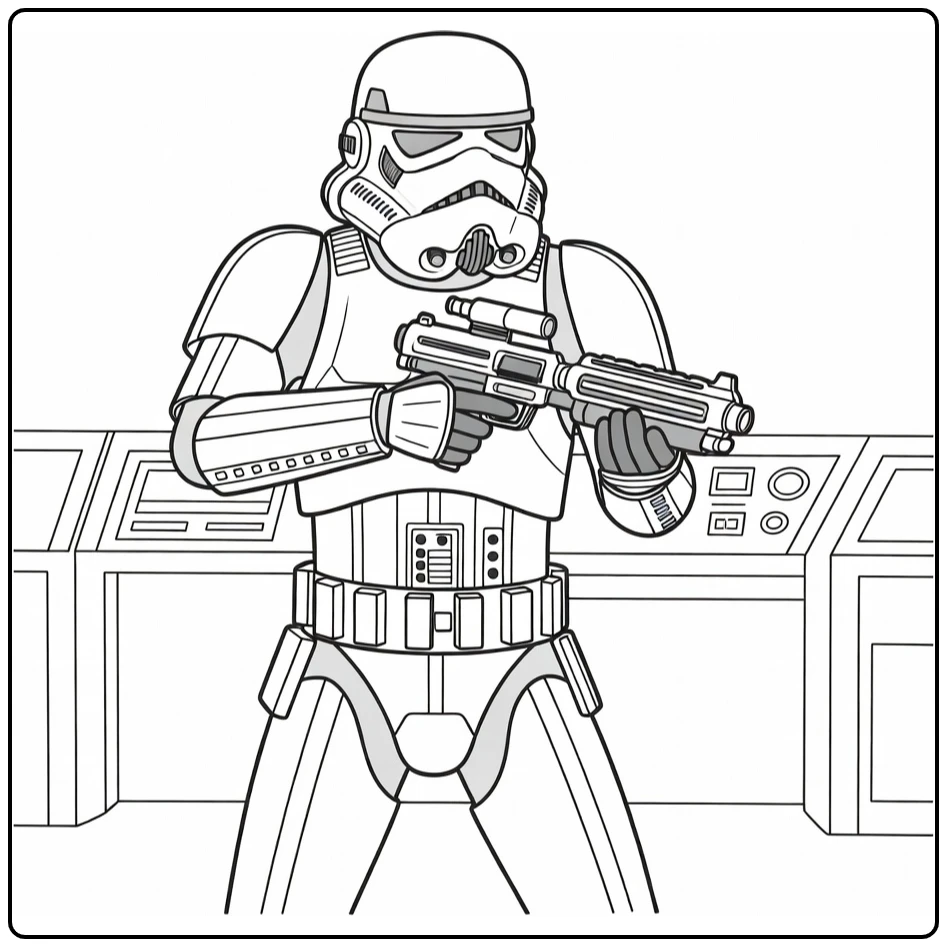 Stormtrooper coloring page aiming a blaster from a sci-fi barricade