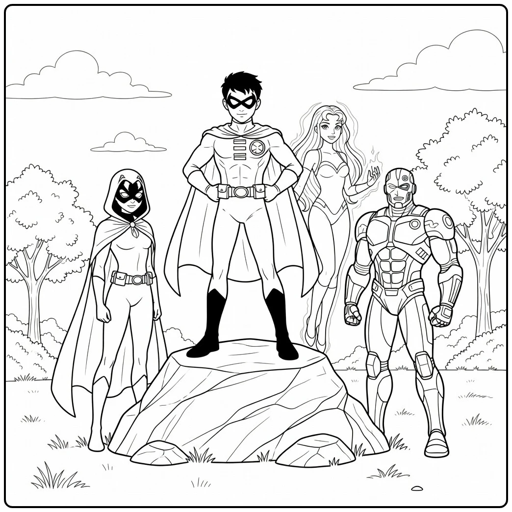 Teen Titans Prominent Robin in Center coloring page