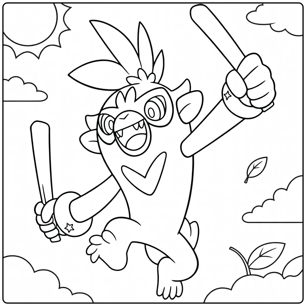 Thwackey in Action with Sticks and Clouds coloring page