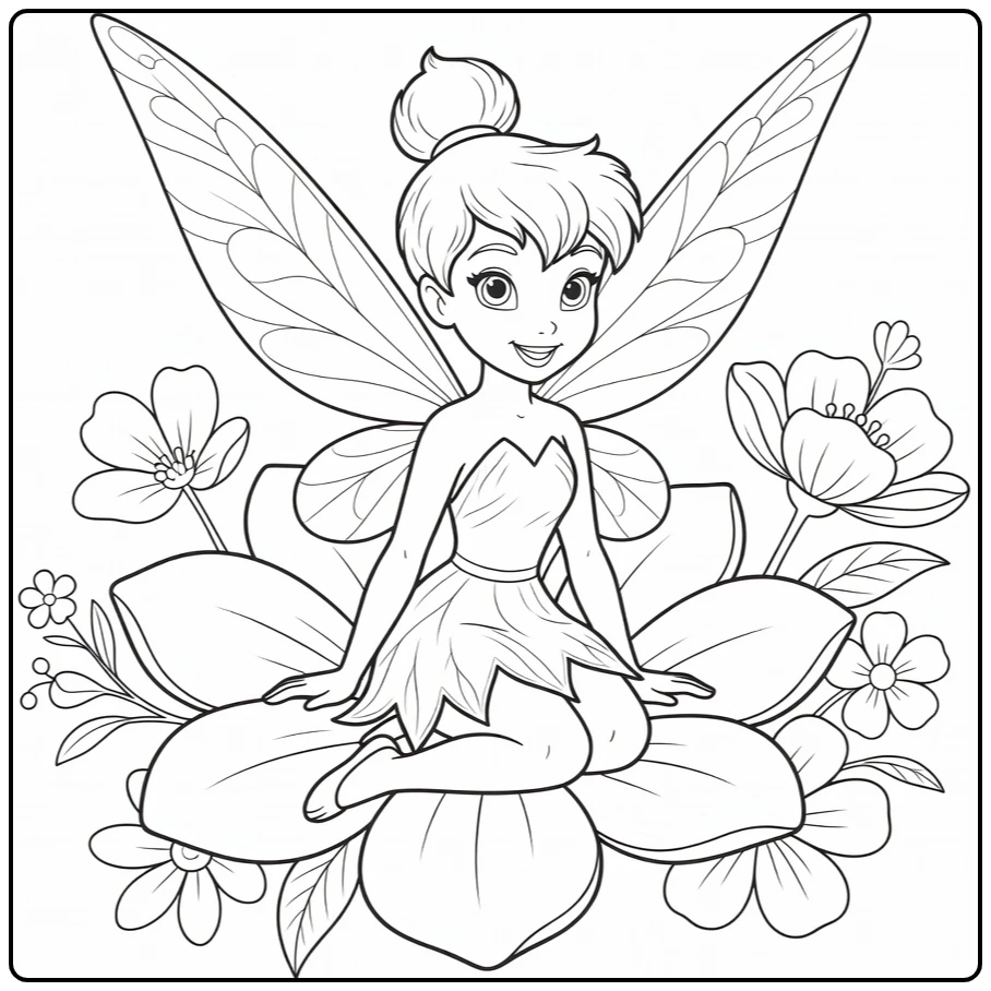 Tinker Bell Fairy Smiling on Big Flower Petal coloring page