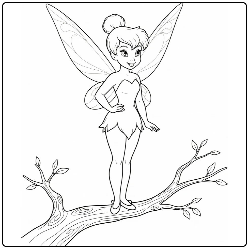 Tinker Bell Fairy Confident on Branch coloring page