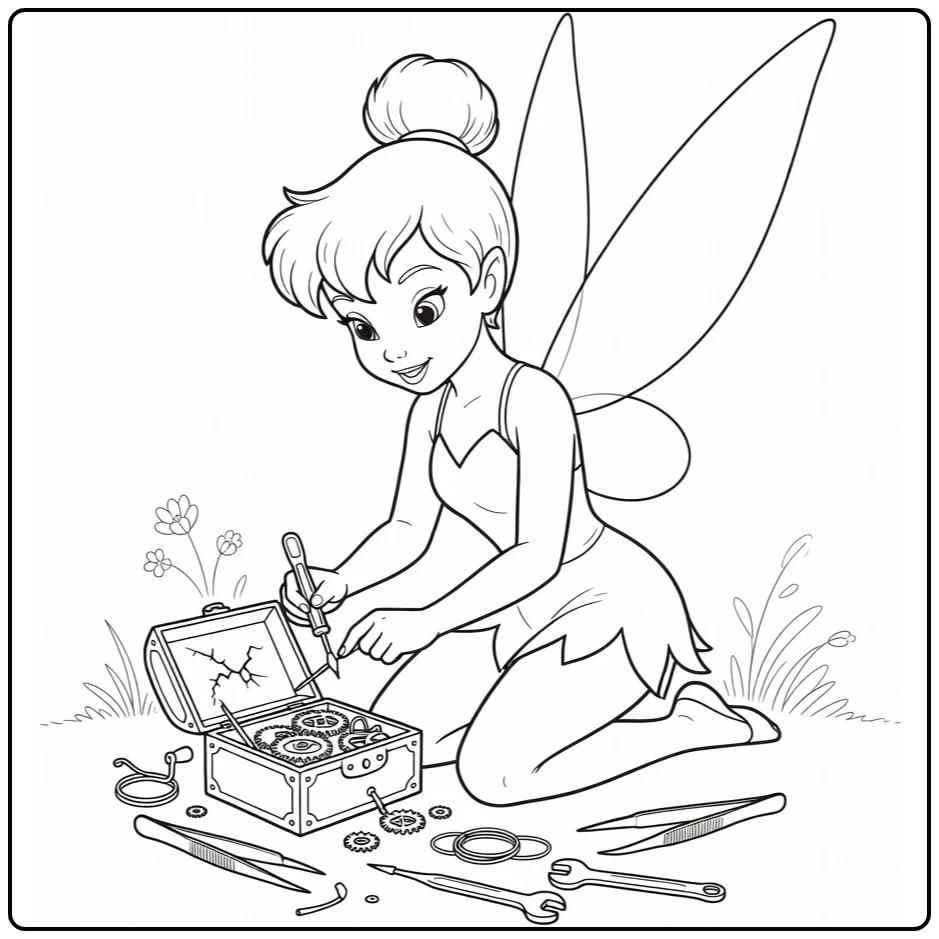 Tinker Bell Repairing Broken Doosje coloring page