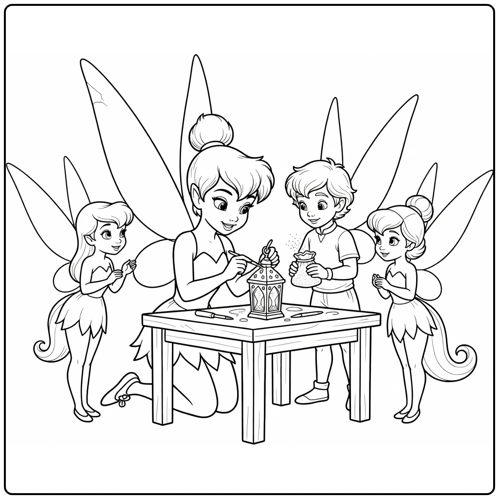 Tinker Bell Repairing Lantern with Terence coloring page