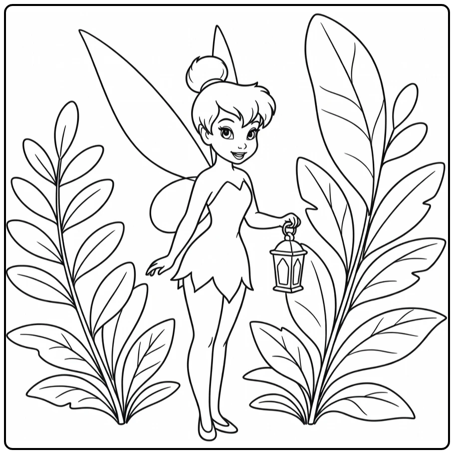 Tinker Bell in Magical Garden with Lantern coloring page