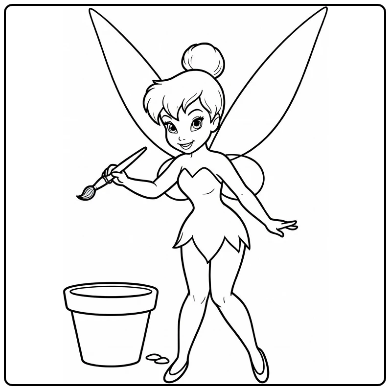 Tinker Bell coloring page with a paintbrush beside a flower pot