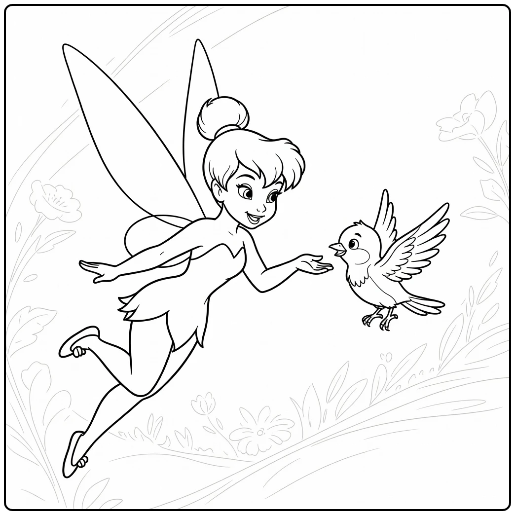 Tinker Bell Reaching Toward Bird coloring page