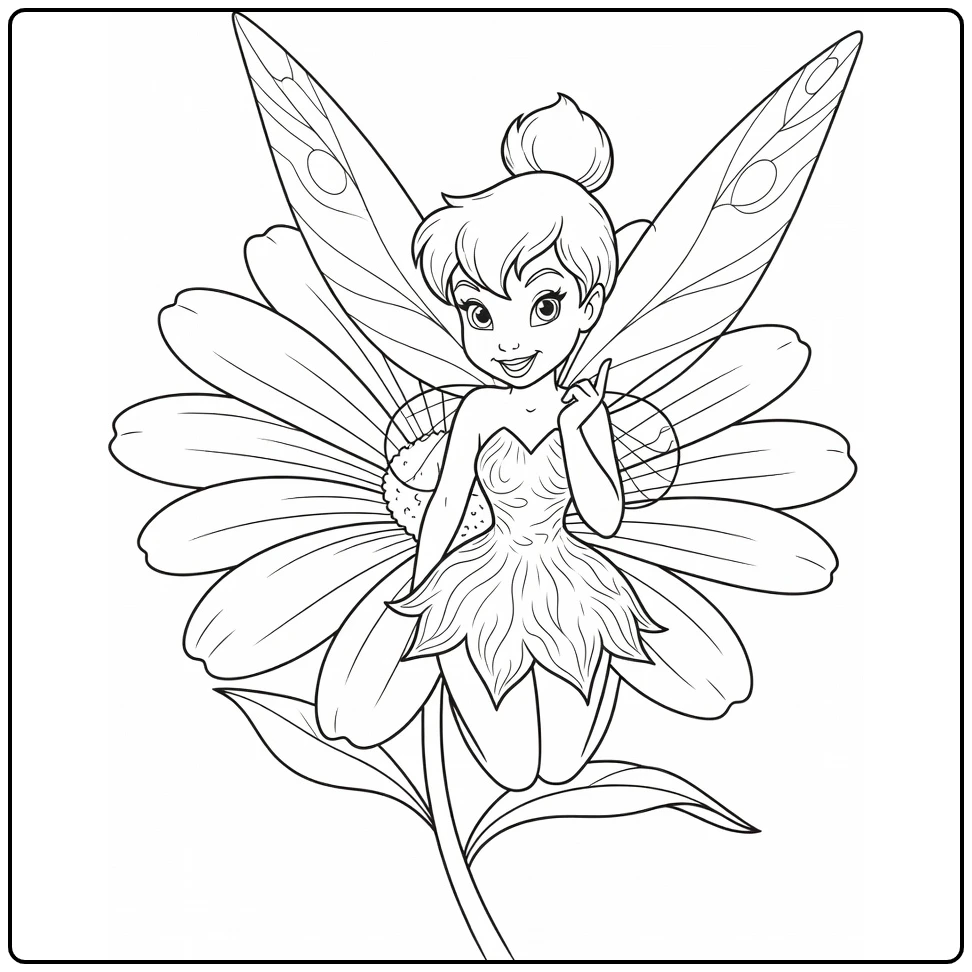Tinker Bell Playfully Behind Flower coloring page