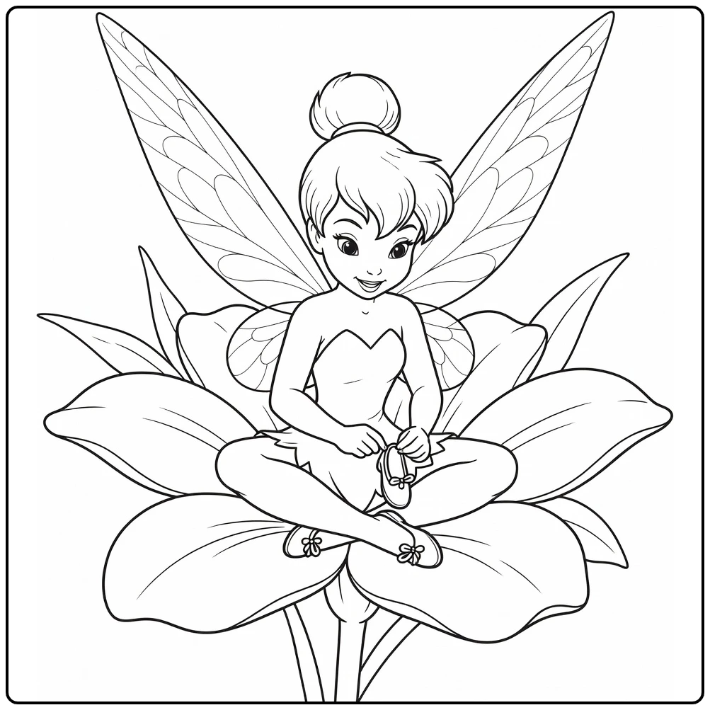 Tinker Bell Repairing Shoe on Flower coloring page