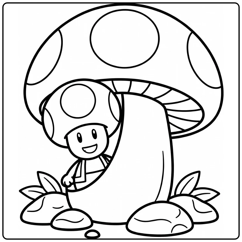 Mario Smiling Toad Behind Big Mushroom coloring page
