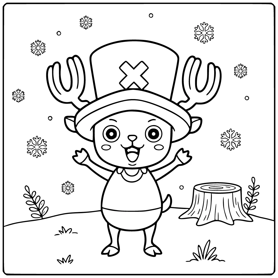Tony Tony Chopper Winter Forest with Stump coloring page