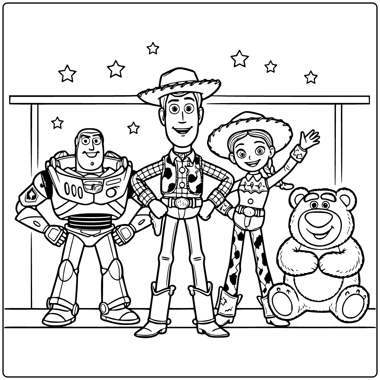 Toy Story coloring page with Woody on a toy shelf